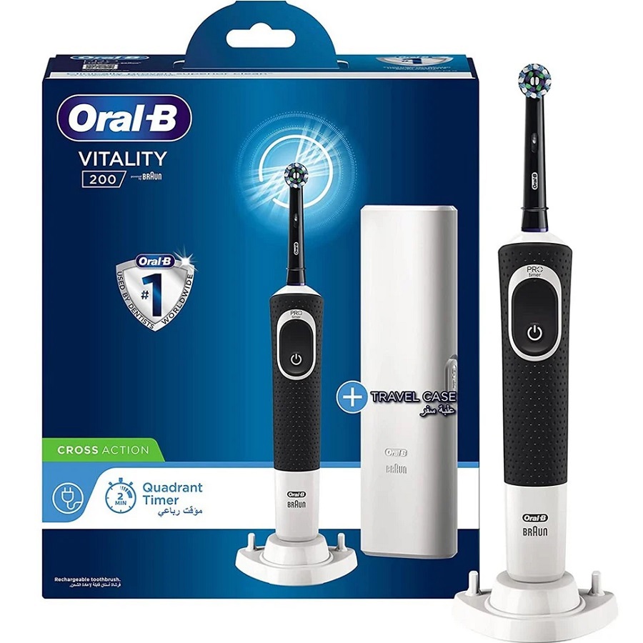 فرشاة أسنان فيتاليتي 200 كهربائية قابلة للشحن مع علبة سفر (أسود)